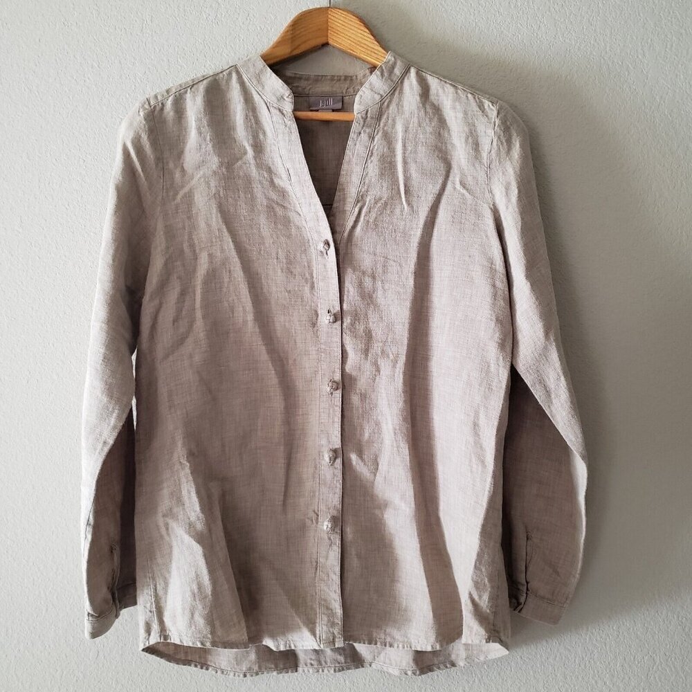 J. Jill Womens Linen Tunic Blouse Tan Button Up Knot Buttons Long Sleeve Small